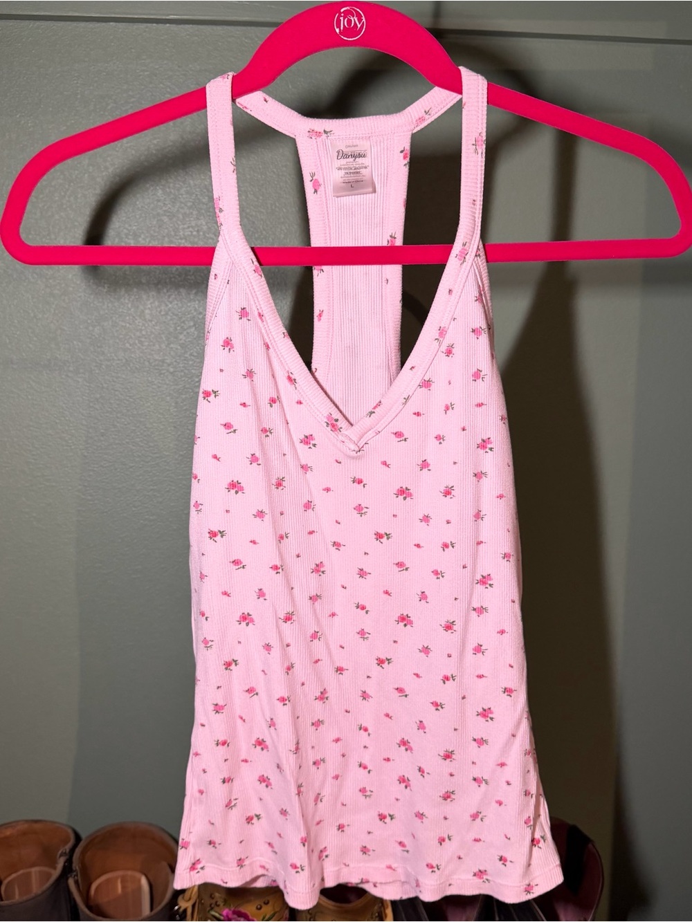 Pink Floral Ribbed Racerback Tank Top